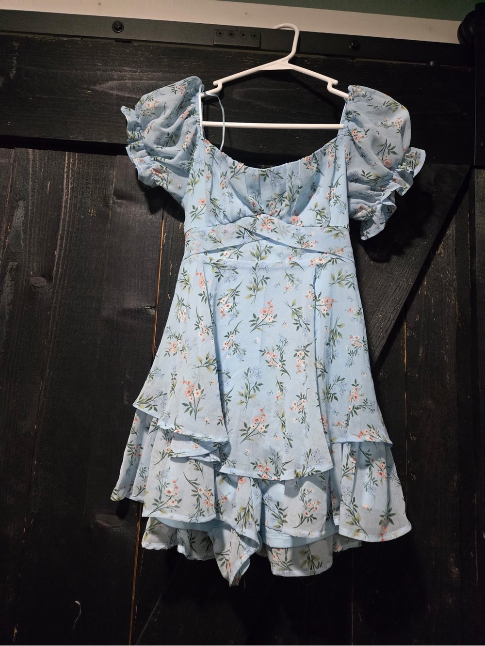 mi ami for Francesca’s Light Blue Floral Puff-Sleeve Tiered Romper